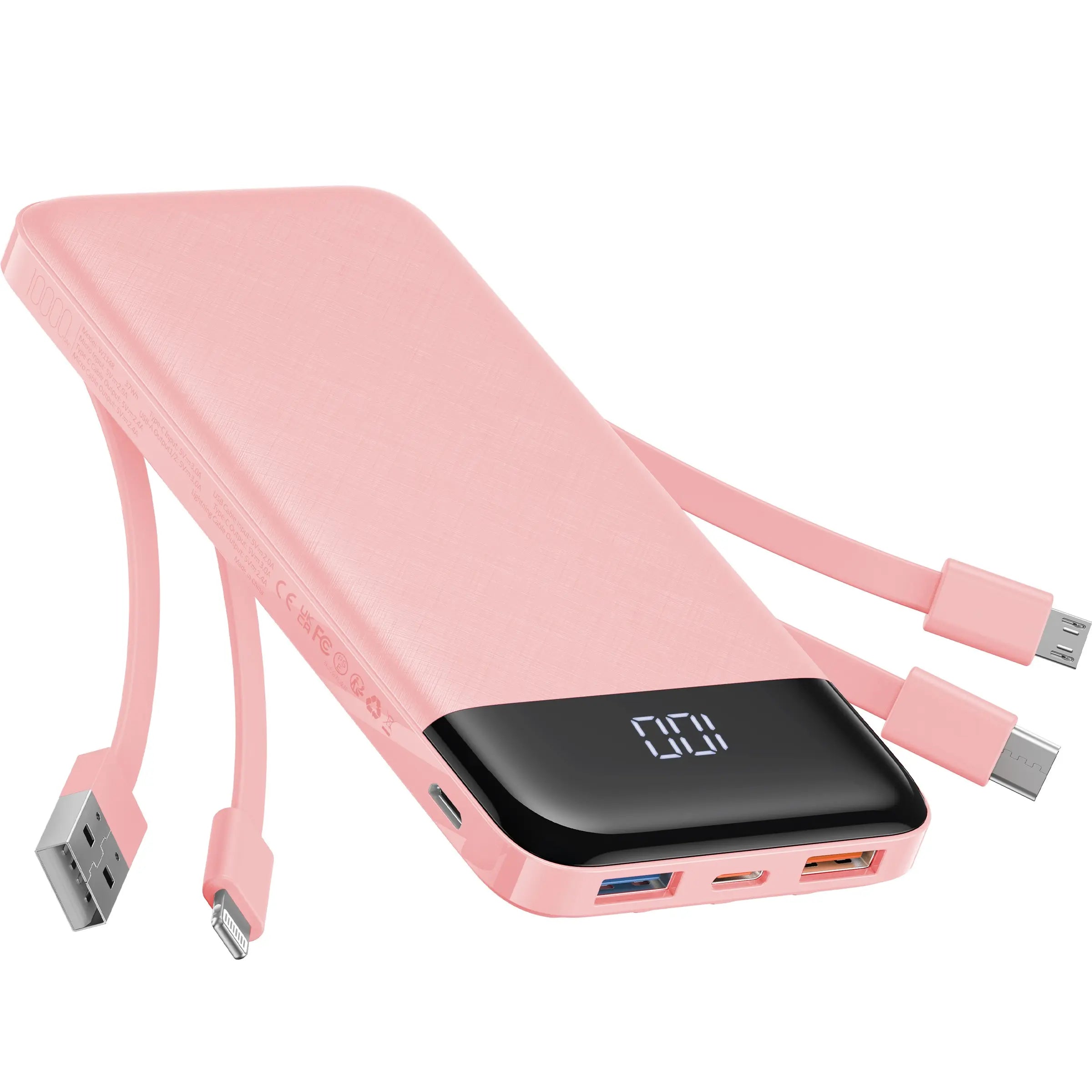 Charmast Ultra-Slim 10000Mah Portable Charger with Built-In Cables 6-Output & 3-Input Fast Charging External Battery Pack Power Bank for Smartphones Tablets USB-C Devices Travel Ready Airline Approved