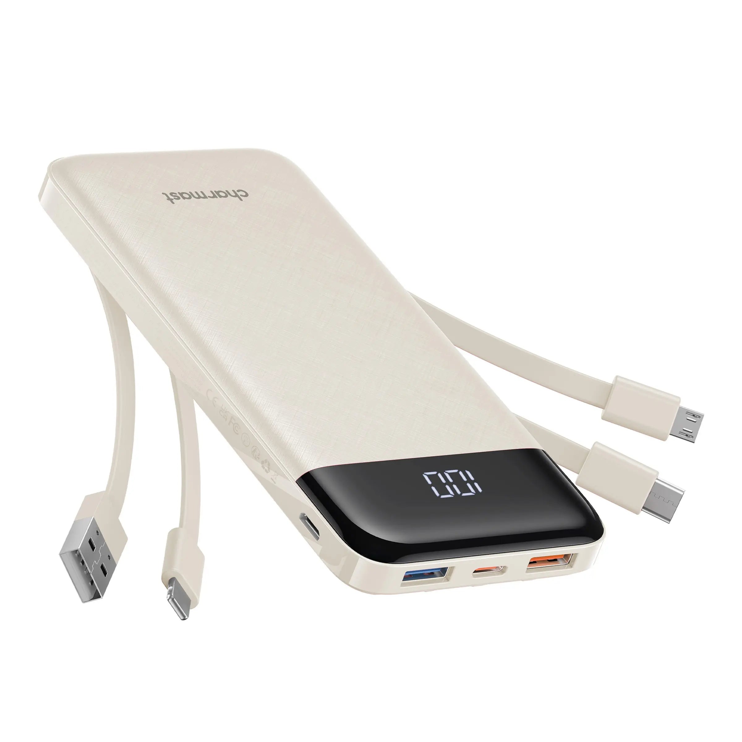 Charmast Ultra-Slim 10000Mah Portable Charger with Built-In Cables 6-Output & 3-Input Fast Charging External Battery Pack Power Bank for Smartphones Tablets USB-C Devices Travel Ready Airline Approved