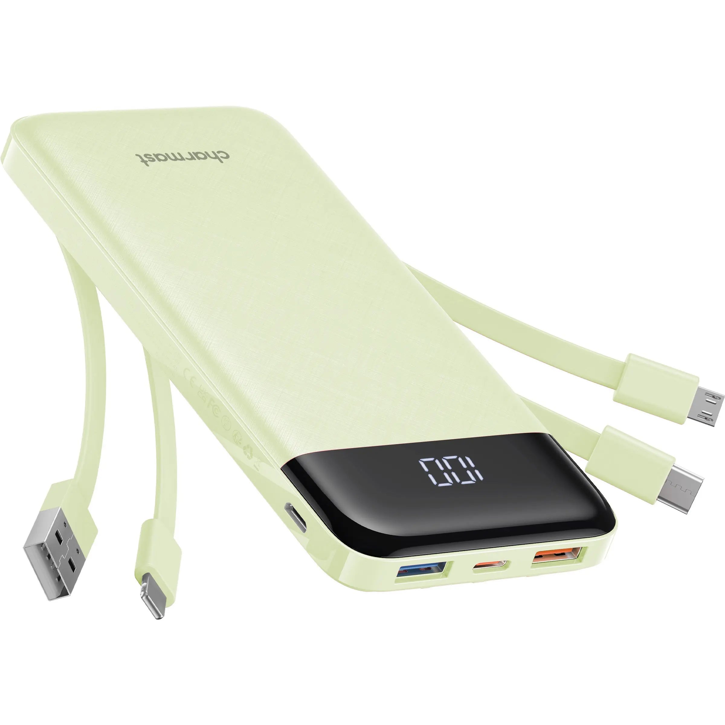 Charmast Ultra-Slim 10000Mah Portable Charger with Built-In Cables 6-Output & 3-Input Fast Charging External Battery Pack Power Bank for Smartphones Tablets USB-C Devices Travel Ready Airline Approved