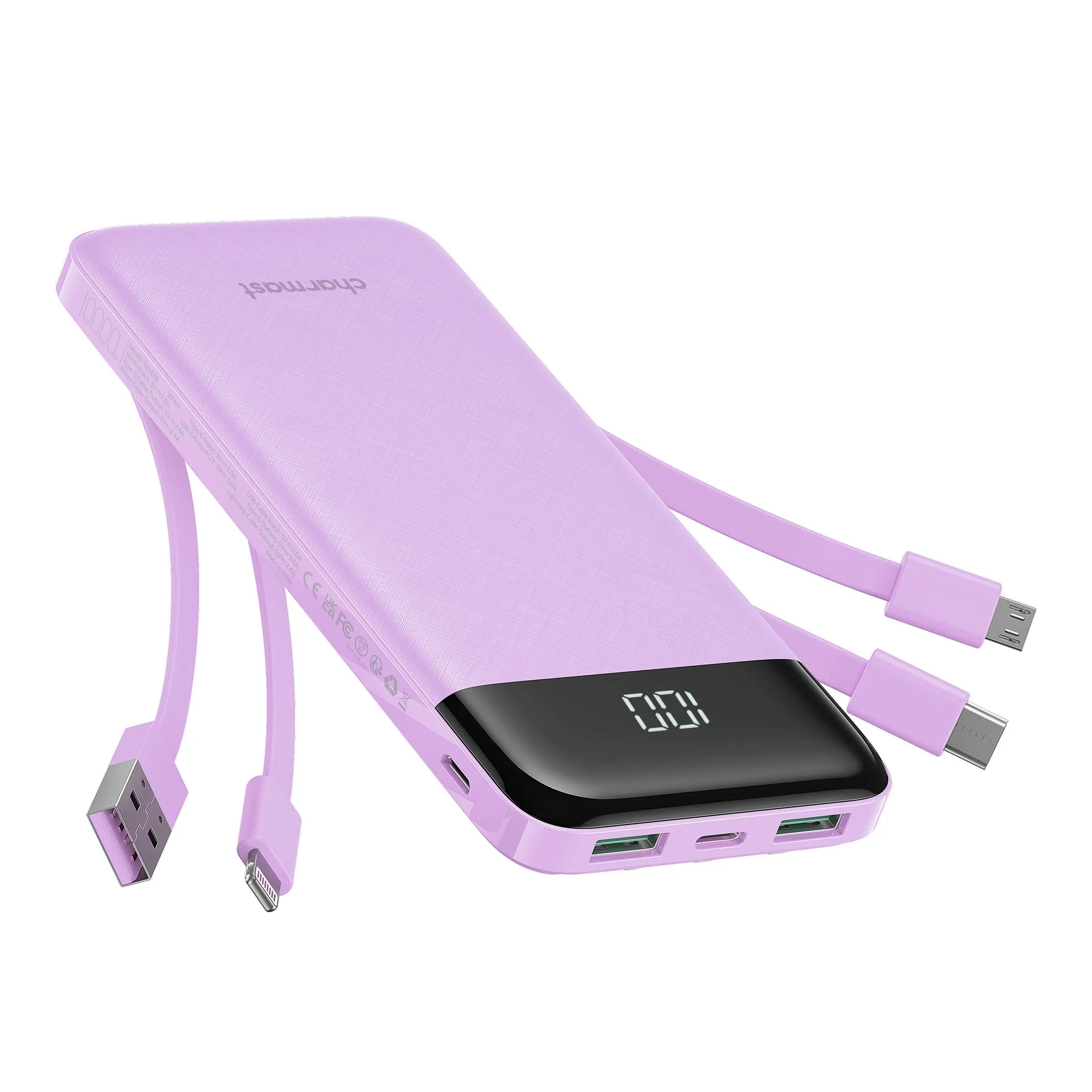 Charmast Ultra-Slim 10000Mah Portable Charger with Built-In Cables 6-Output & 3-Input Fast Charging External Battery Pack Power Bank for Smartphones Tablets USB-C Devices Travel Ready Airline Approved