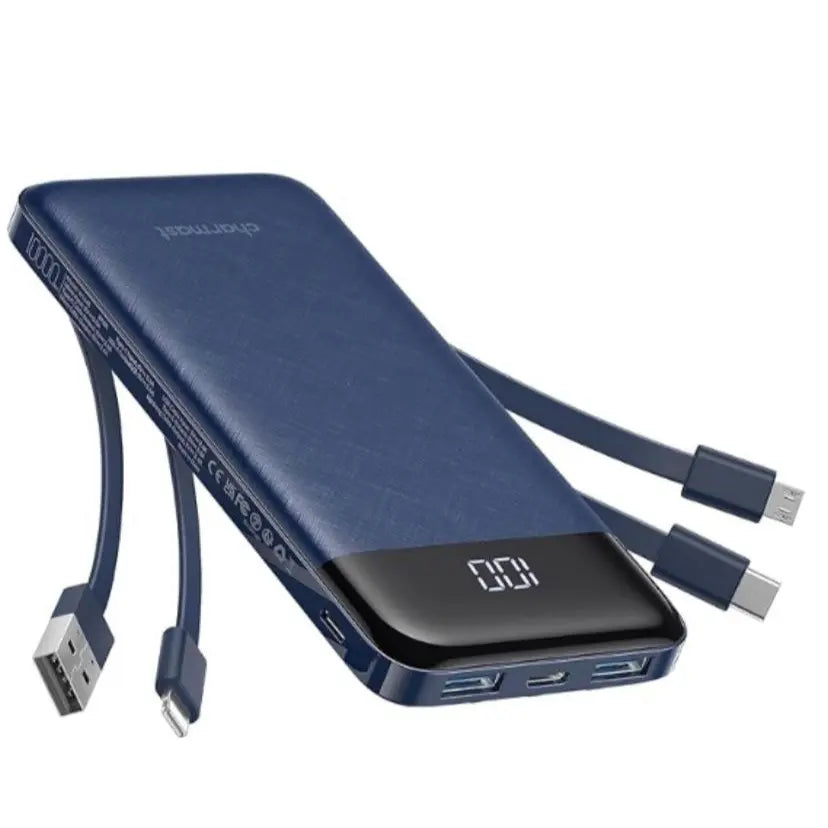 Charmast Ultra-Slim 10000Mah Portable Charger with Built-In Cables 6-Output & 3-Input Fast Charging External Battery Pack Power Bank for Smartphones Tablets USB-C Devices Travel Ready Airline Approved