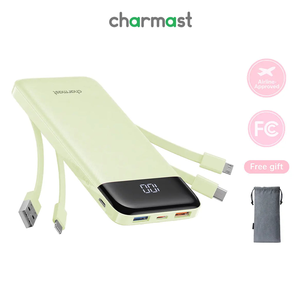 Charmast Ultra-Slim 10000Mah Portable Charger with Built-In Cables 6-Output & 3-Input Fast Charging External Battery Pack Power Bank for Smartphones Tablets USB-C Devices Travel Ready Airline Approved