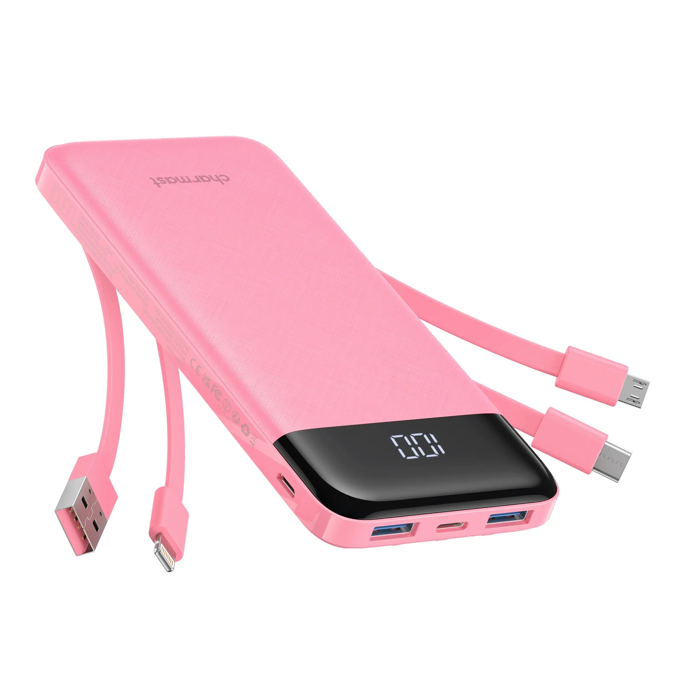 Charmast Ultra-Slim 10000Mah Portable Charger with Built-In Cables 6-Output & 3-Input Fast Charging External Battery Pack Power Bank for Smartphones Tablets USB-C Devices Travel Ready Airline Approved