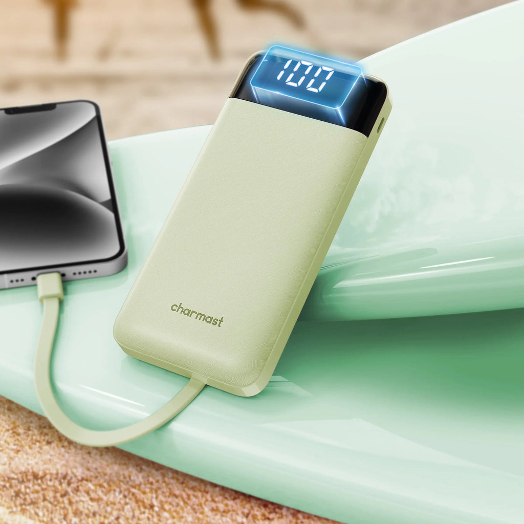 Charmast Ultra-Slim 10000Mah Portable Charger with Built-In Cables 6-Output & 3-Input Fast Charging External Battery Pack Power Bank for Smartphones Tablets USB-C Devices Travel Ready Airline Approved